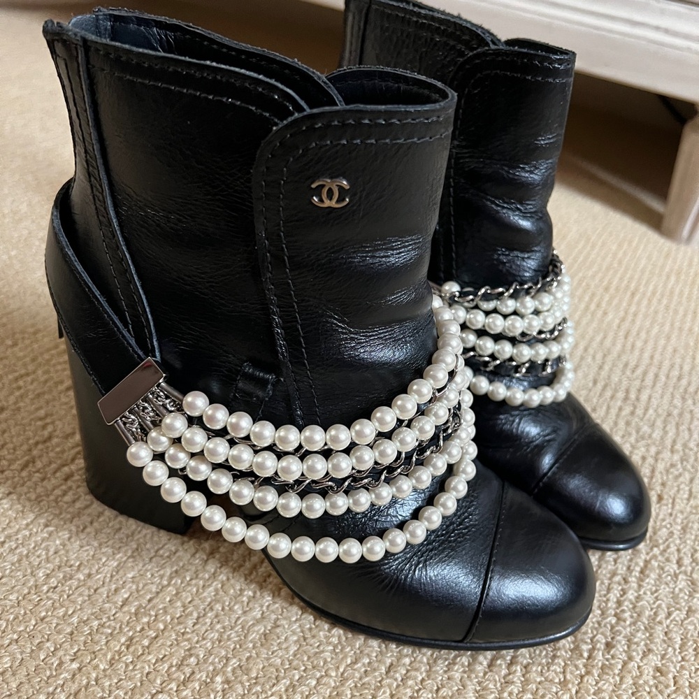 Chanel Black Leather Boots with Pearl Accents
